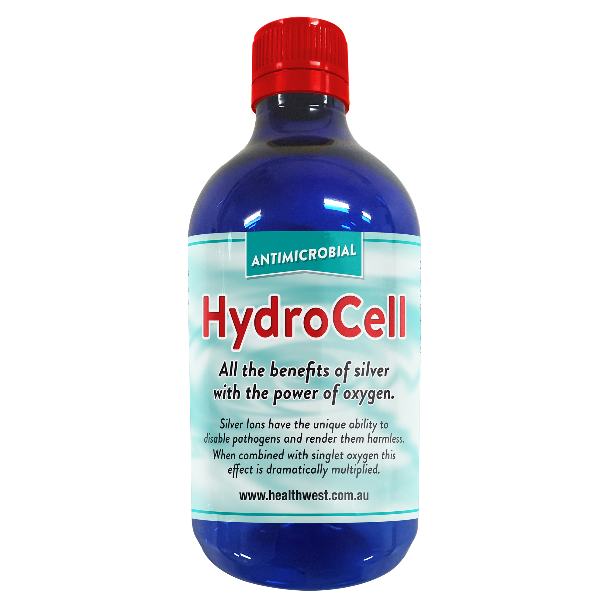 Blue bottle of HydroCell with a red cap